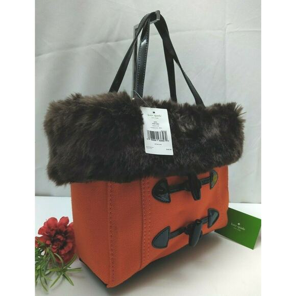 Kate Spade Quinn Foxtrot Hill Autumn Orange Canvas Fur Satchel Bag - NWT $318 - Picture 2 of 12